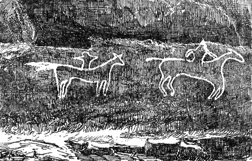 Фигуры всадников, нарисованные на скале около пещеры у деревни Картухай